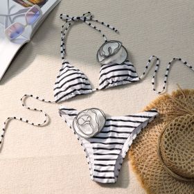 Bikini Halter Three-dimensional Flower Split Women's Swimsuit (Option: Black And White Stripes-S)