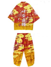 Wind Festive Robe Men'S National Tide Cardigan Kimono Three-Quarter Sleeves Wind festive robe men's national tide cardigan kimono three-quarter sleeve (Option: Yellow red suit-S)