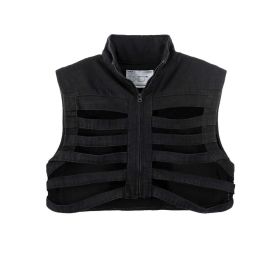 Short Hollow-out Denim Stand Collar Vest Men's Workwear Sleeveless Vest (Option: Black-Average Size)