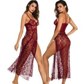 Underwear Long See-through High Slit Pajamas Nightgown Nightgown (Option: Wine Red With Thong-S)
