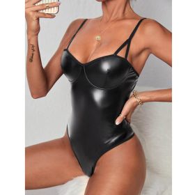Faux Leather Lace Stitched Backless Sexy Patent Leather Series Neck Underwear (Option: Black-S)