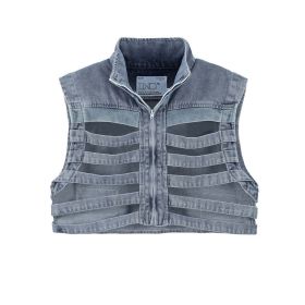 Short Hollow-out Denim Stand Collar Vest Men's Workwear Sleeveless Vest (Option: Blue-Average Size)