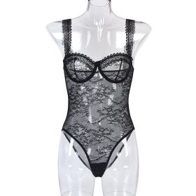 Women's One-piece Underwear European And American Style Lace Flowers Comfortable Close-fitting (Option: Black-S)