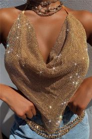 Sleeveless Sling Backless Pure Color Halter Slim-fit Color Metal Women's Waistcoat (Option: Gold-L)