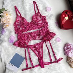 Love Embroidery Stitching Strap Sexy Lingerie Suit (Option: Rose Red-M)